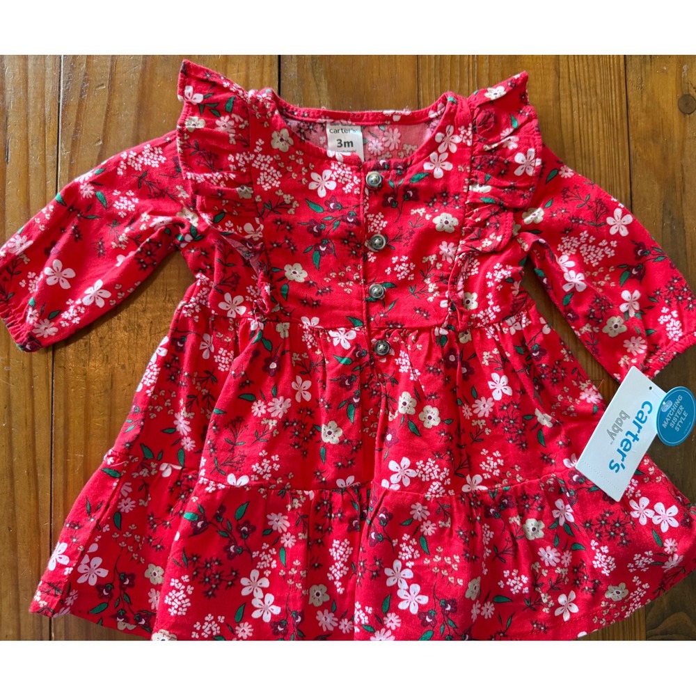 Carters Baby Girl Red Floral Ruffle Tiered Long Sleeve Cotton Dress 3 Months NEW